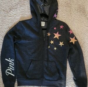 PINK Victoria's Secret Women's Hoodie - Dark Gray with Colorful Stars